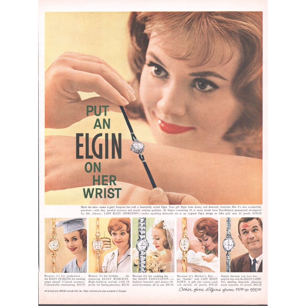 1961 Lady Elgin Women's Watch Vintage Print Ad Adoration Starlite Marlene Capri